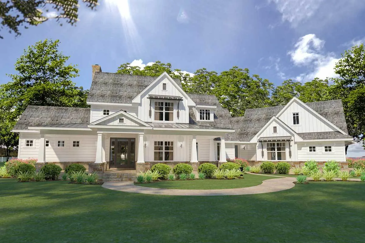 A gray and white farmhouse color combination with square windows looks classic.