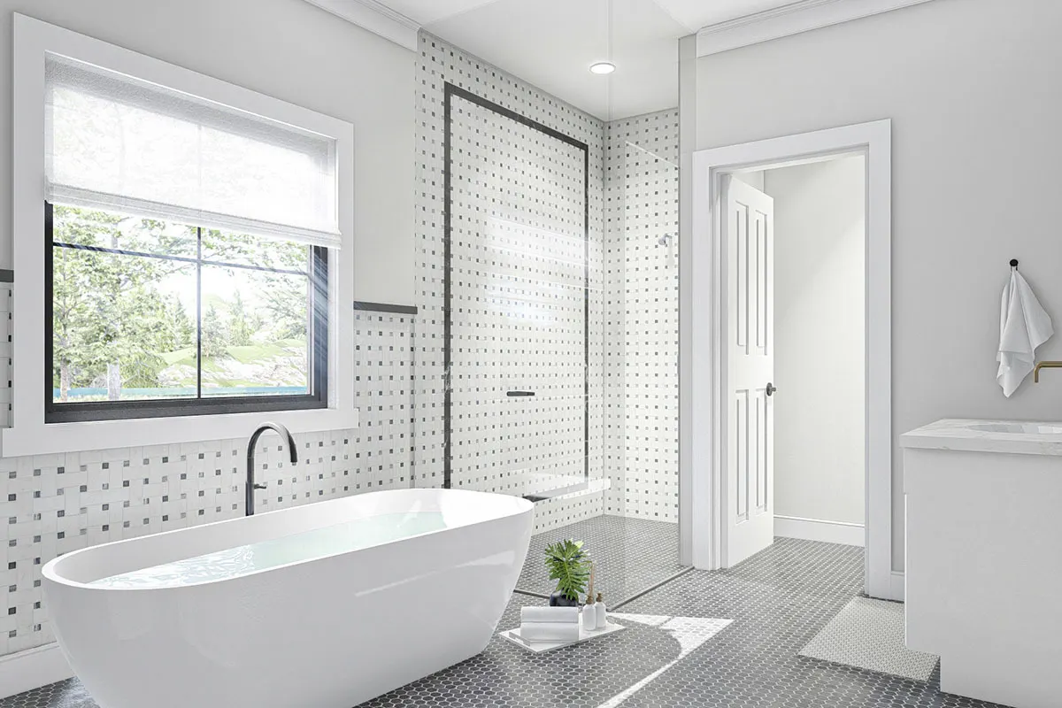 The bathroom interior color scheme is white and black.