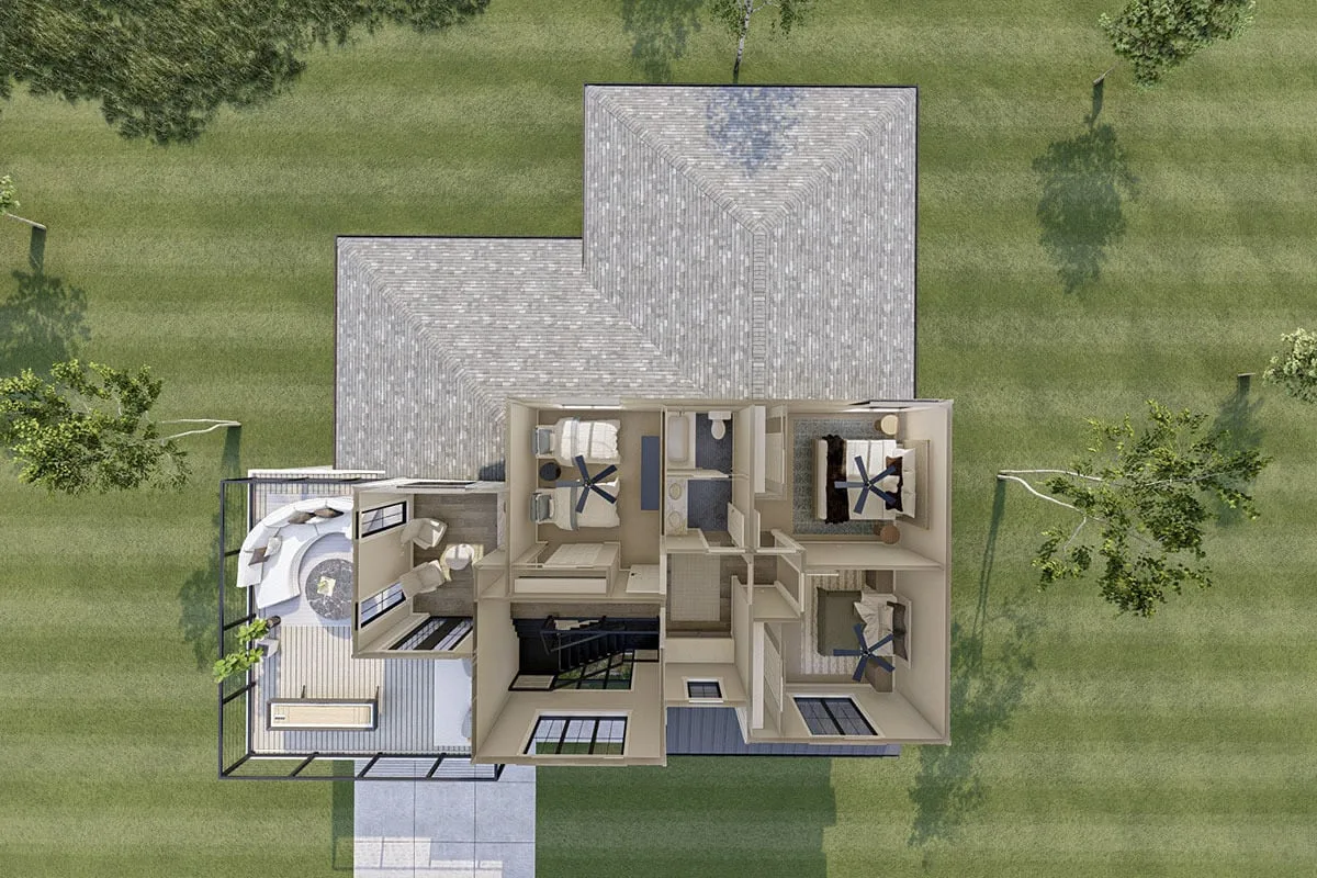 Illustration of the second level of the contemporary farmhouse from above.