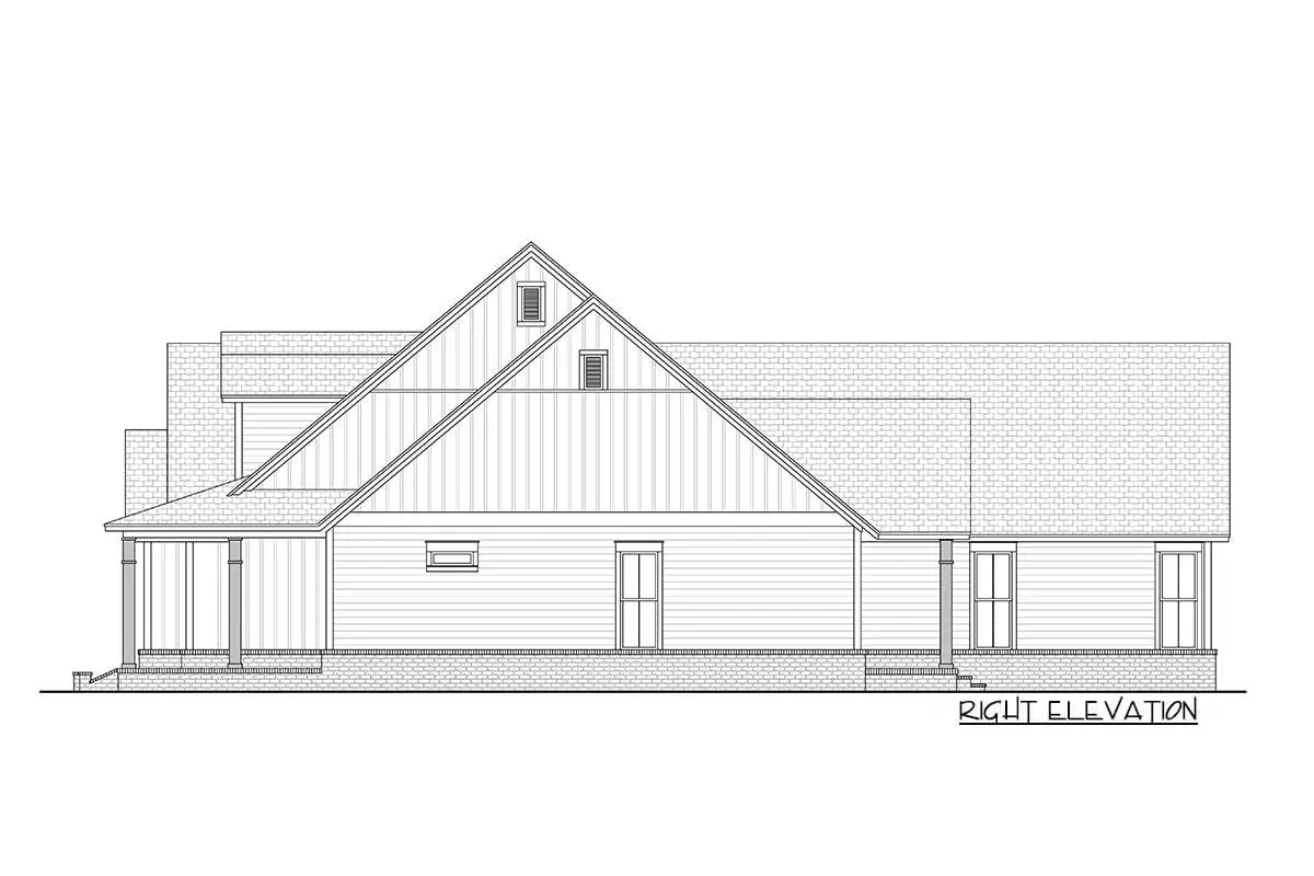 Right elevation sketch of the single-story 4-bedroom modern farmhouse.