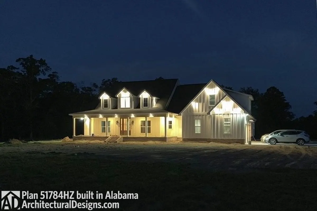The farmhouse looks beautiful at night and from a distance.