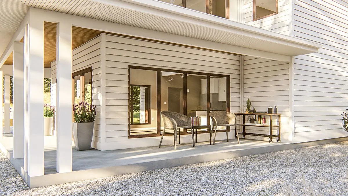The porch has a nice minimalist wood accent design with wood-frame windows that looks peaceful.