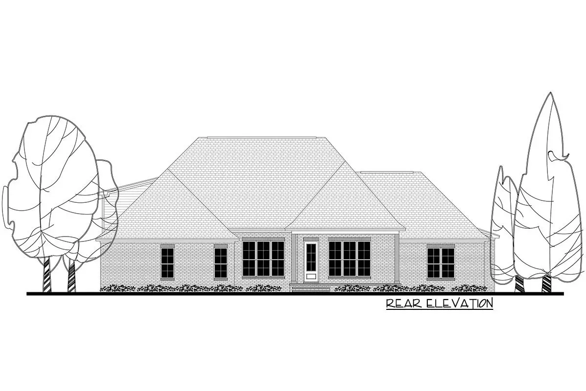 Sketch of the single-story, four-bedroom craftsman house rear elevation.