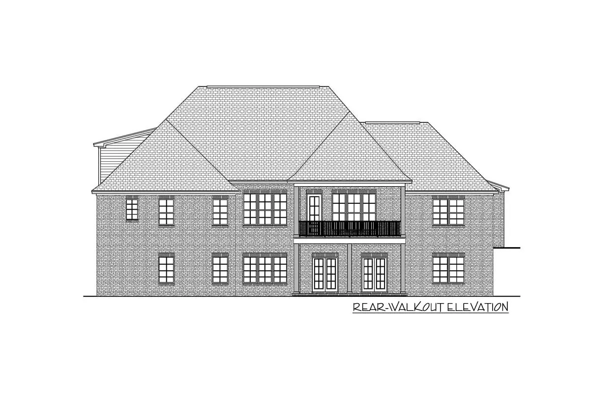 Sketch of the single-story, four-bedroom craftsman house rear-walkout elevation.