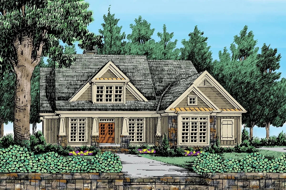 Front drawing of the 2-story 4-bedroom craftsman house.