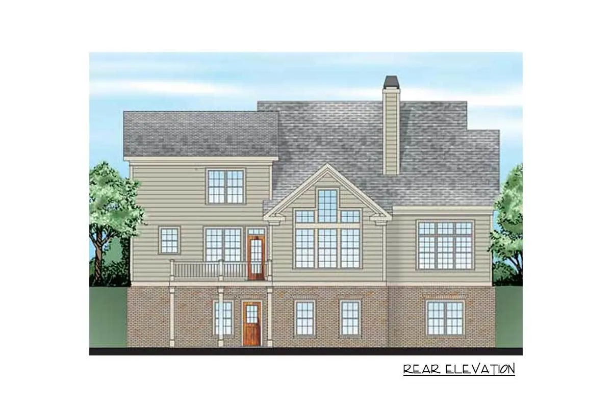 Rear drawing of the 2-story 4-bedroom craftsman house.