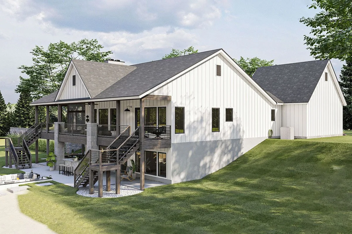 The lake home has wonderful architecture with a sloping yard to the rear main level area.
