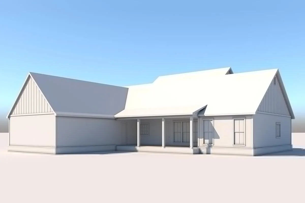 Rear elevation sketch Rear elevation sketch of the single-story 3-bedroom modern farmhouse.