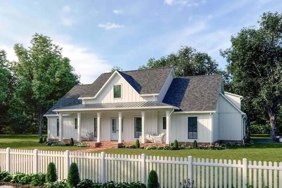 The farmhouse appears serene from a distance outside the wood fence.