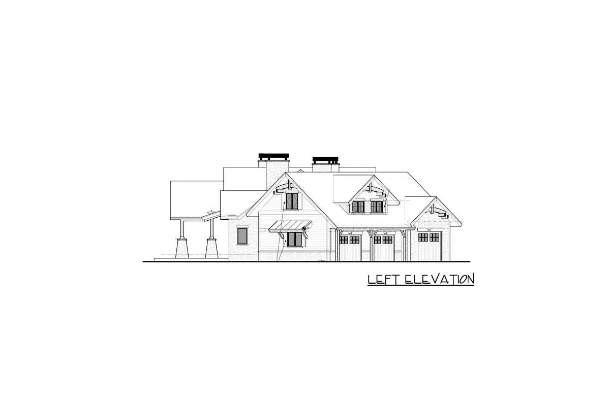 Left elevation sketch of the one-story 2-bedroom mountain ranch house.