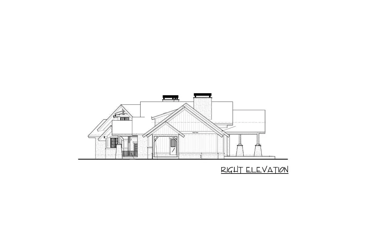 Right elevation sketch of the one-story 2-bedroom mountain ranch house.
