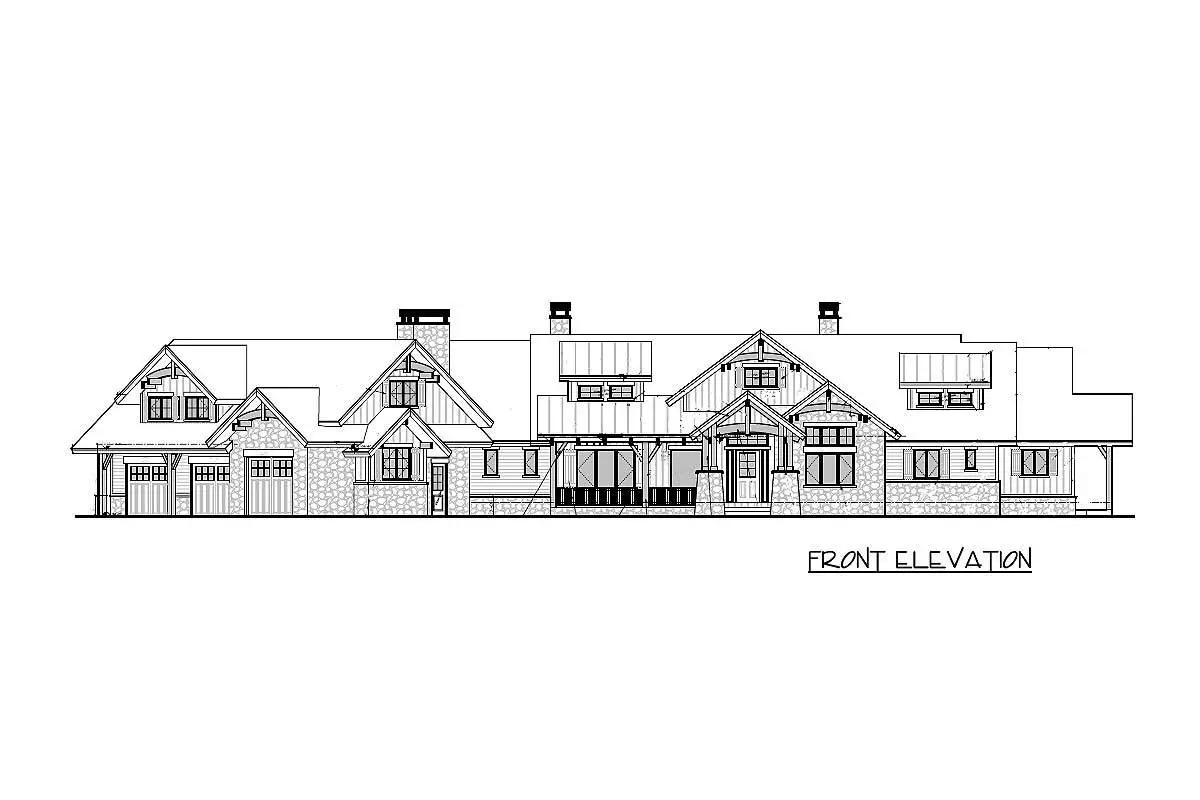 Front elevation sketch of the one-story 2-bedroom mountain ranch house.