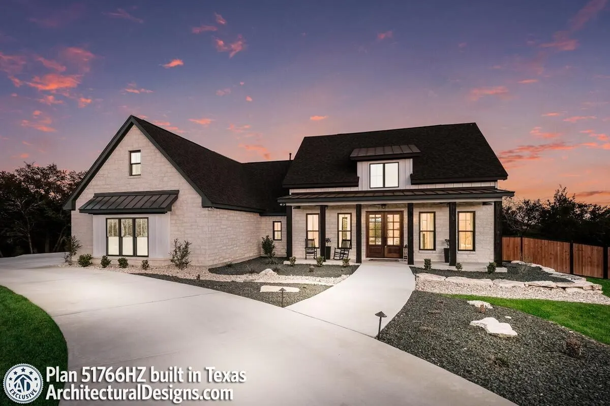 Sunset makes a classic modern farmhouse appear wonderful.