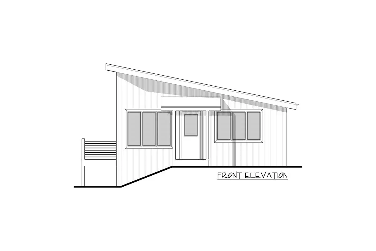 The single-story 1-bedroom modern cottage ADU house's front elevation sketch.