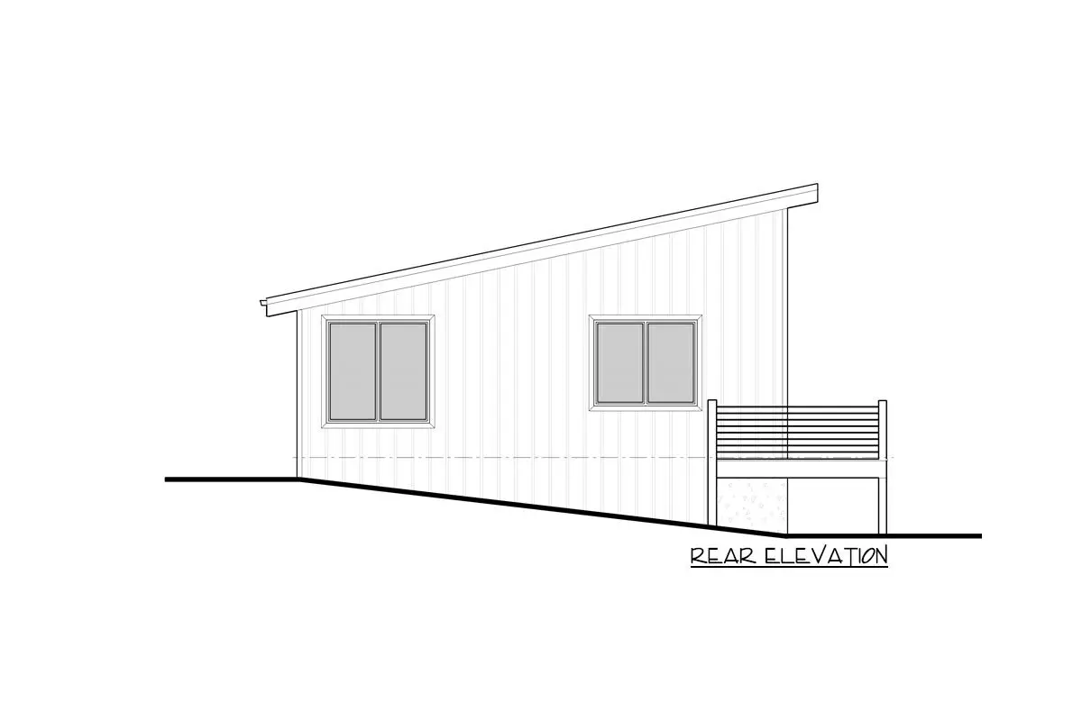 The single-story 1-bedroom modern cottage ADU house's rear elevation sketch.
