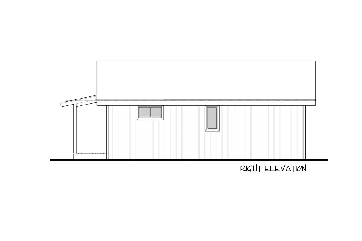 The single-story 1-bedroom modern cottage ADU house's right elevation sketch.