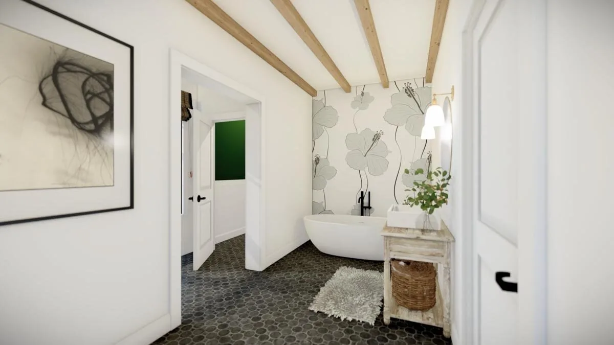 A lovely walled flower in the bathtub area.