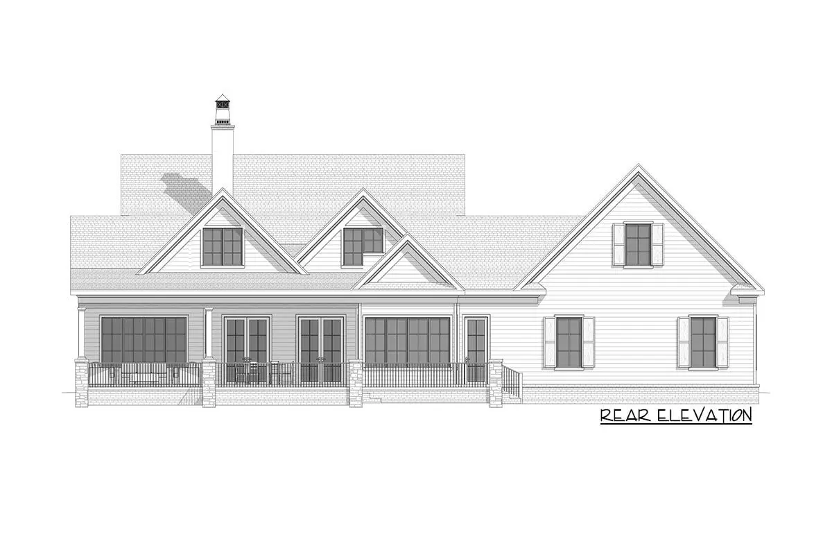Rear elevation sketch of the two-story 4-bedroom modern farmhouse.