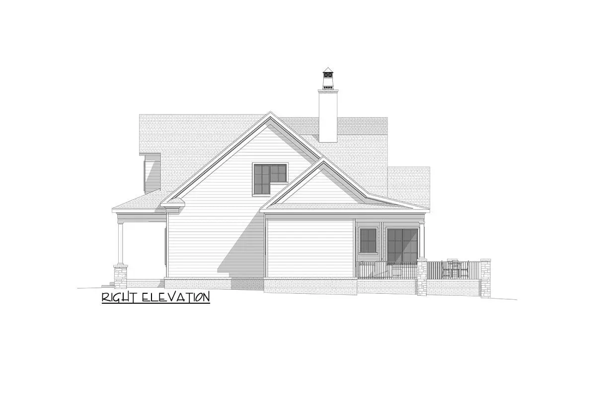 Right elevation sketch of the two-story 4-bedroom modern farmhouse.