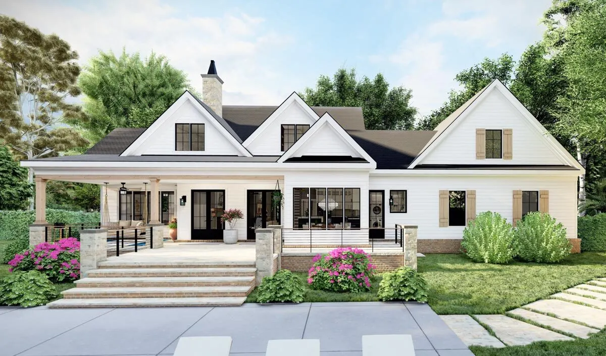The porch appears welcoming and mixes in wonderfully with its surroundings.