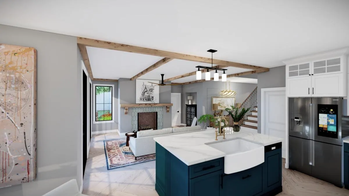 A modern kitchen design with an island in the center.