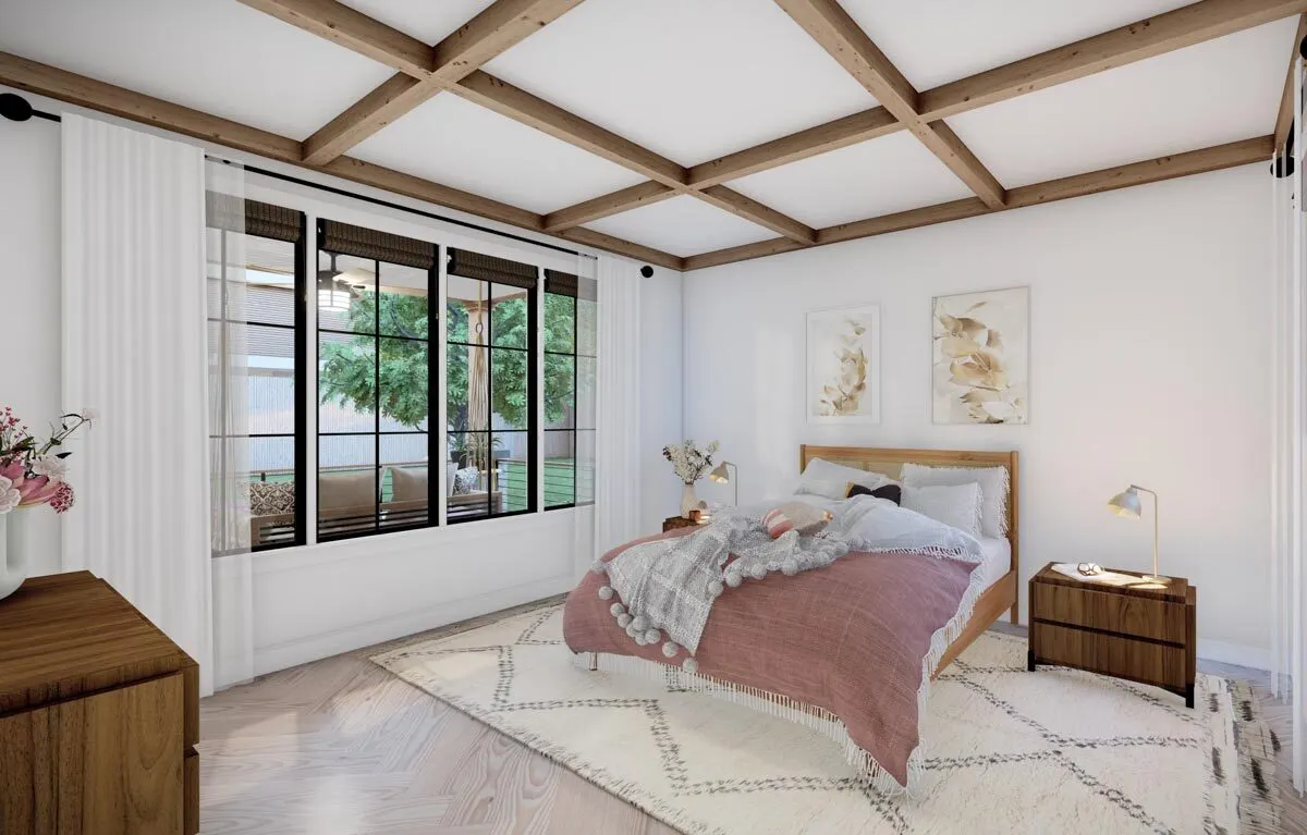 A spacious bedroom ambiance looks comfortable and inviting.
