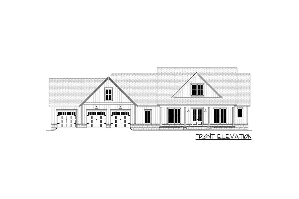 Front elevation sketch of the single-story 4-bedroom modern farmhouse.