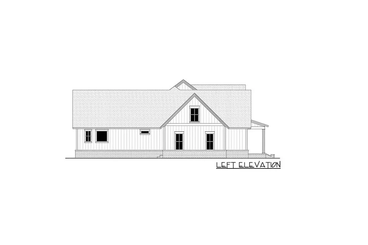 Left elevation sketch of the single-story 4-bedroom modern farmhouse.