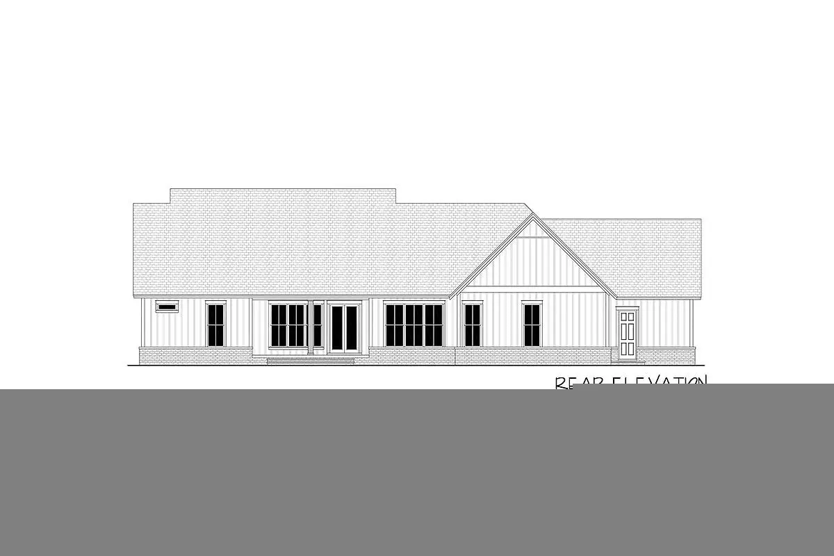Rear elevation sketch of the single-story 4-bedroom modern farmhouse.