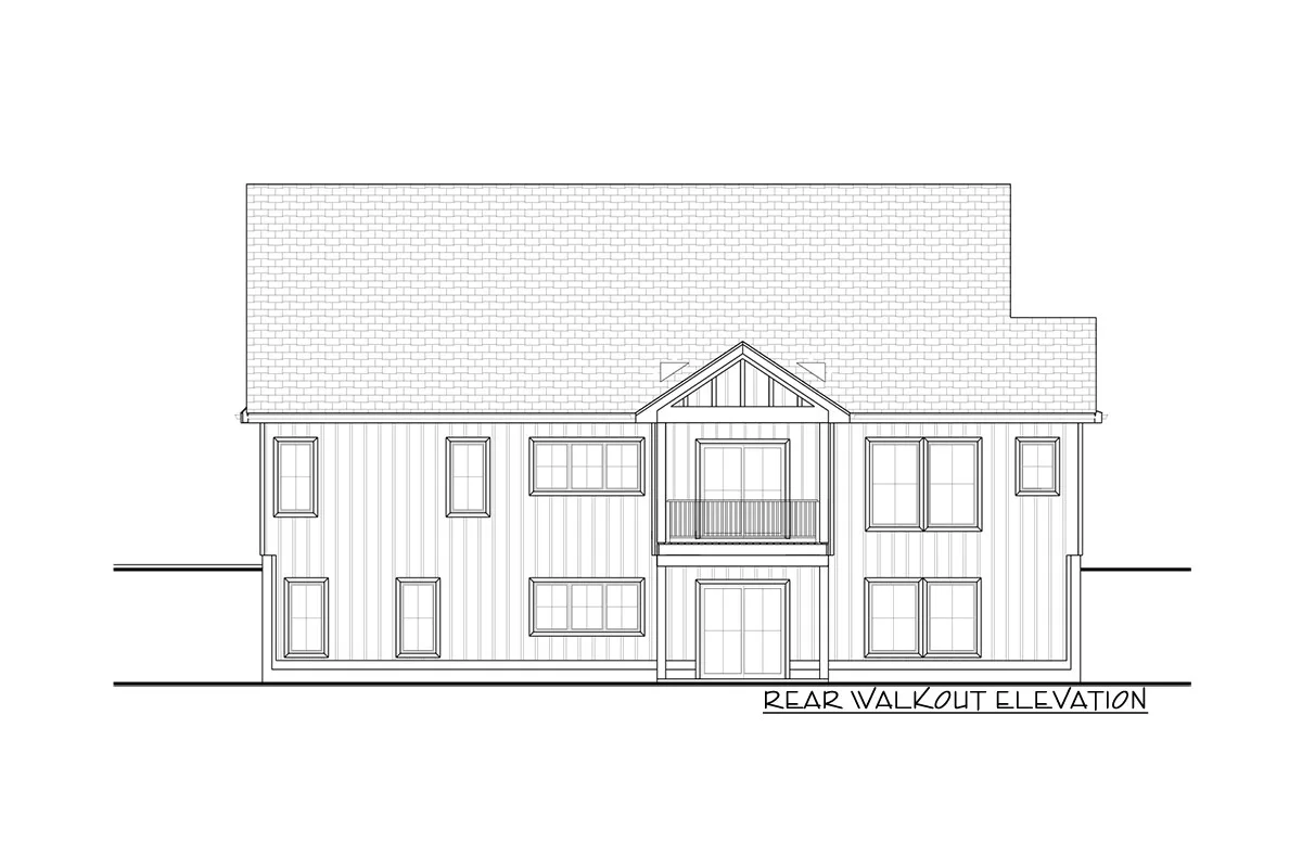 Rear walkout elevation Rear walkout elevation sketch of the single-story 3-bedroom modern farmhouse.