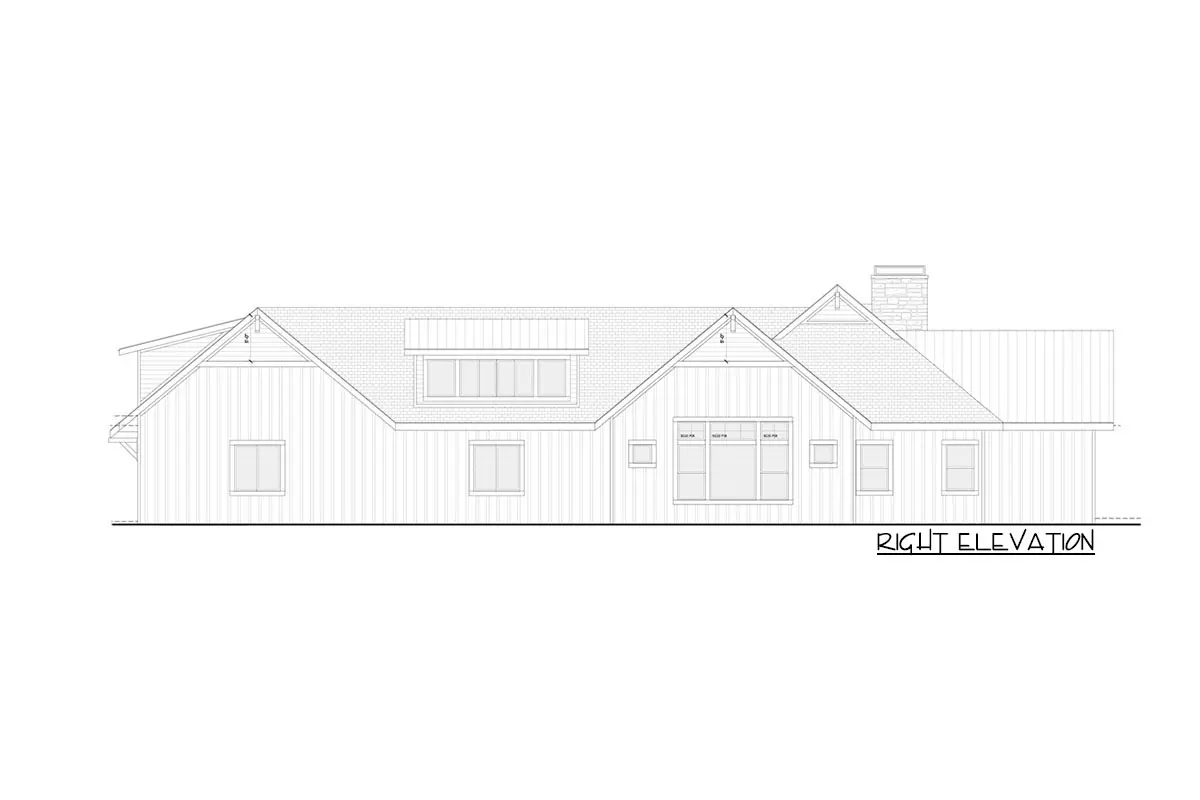 The single-story 4-bedroom modern farmhouse's right elevation drawing.