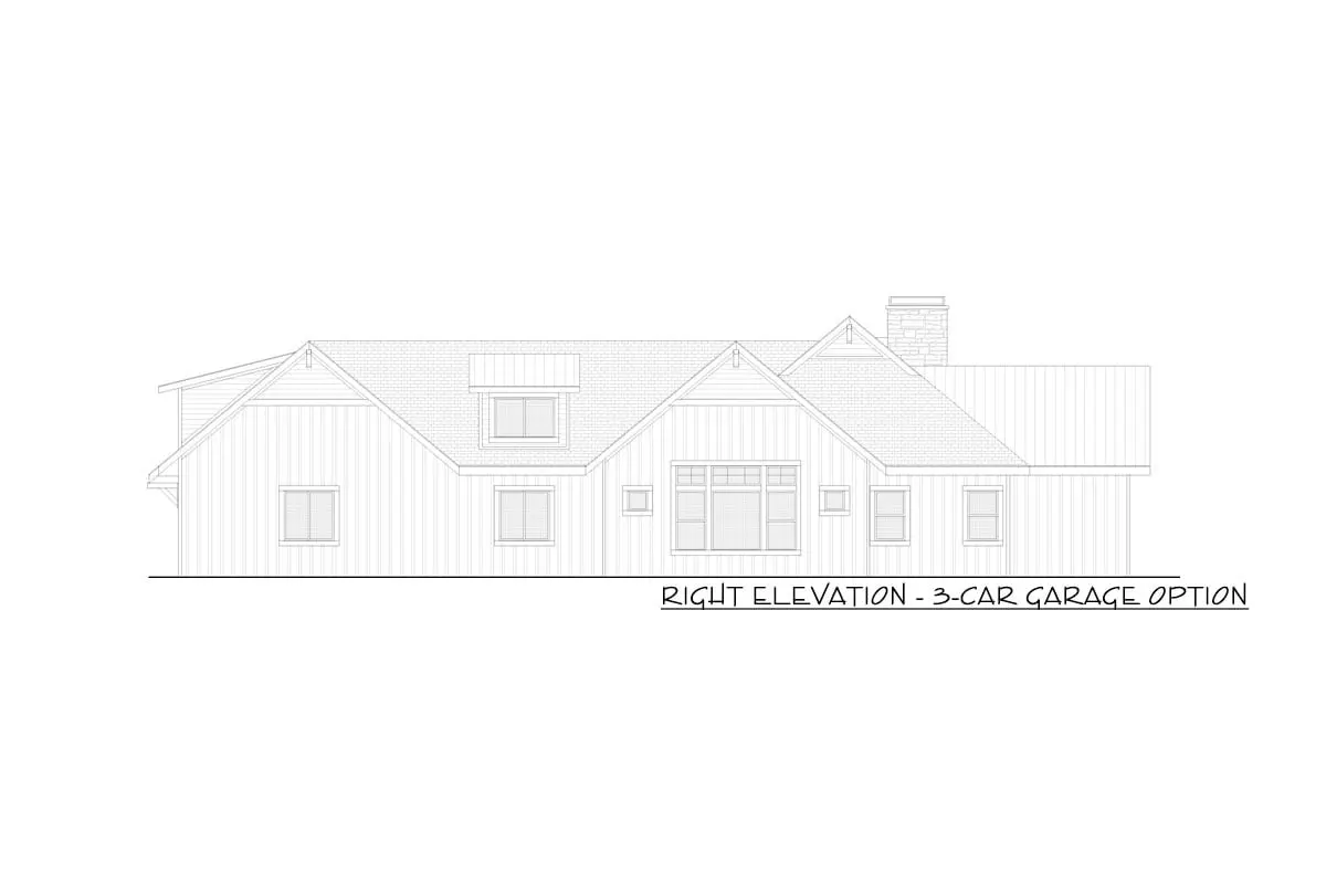 The single-story 4-bedroom modern farmhouse's right elevation-3-Car garage option drawing.