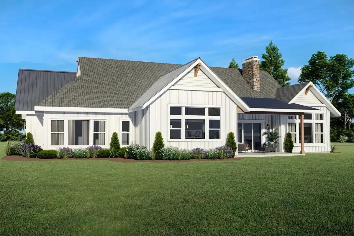 The front perspective of the house, with a focus on the windows, merges in seamlessly.