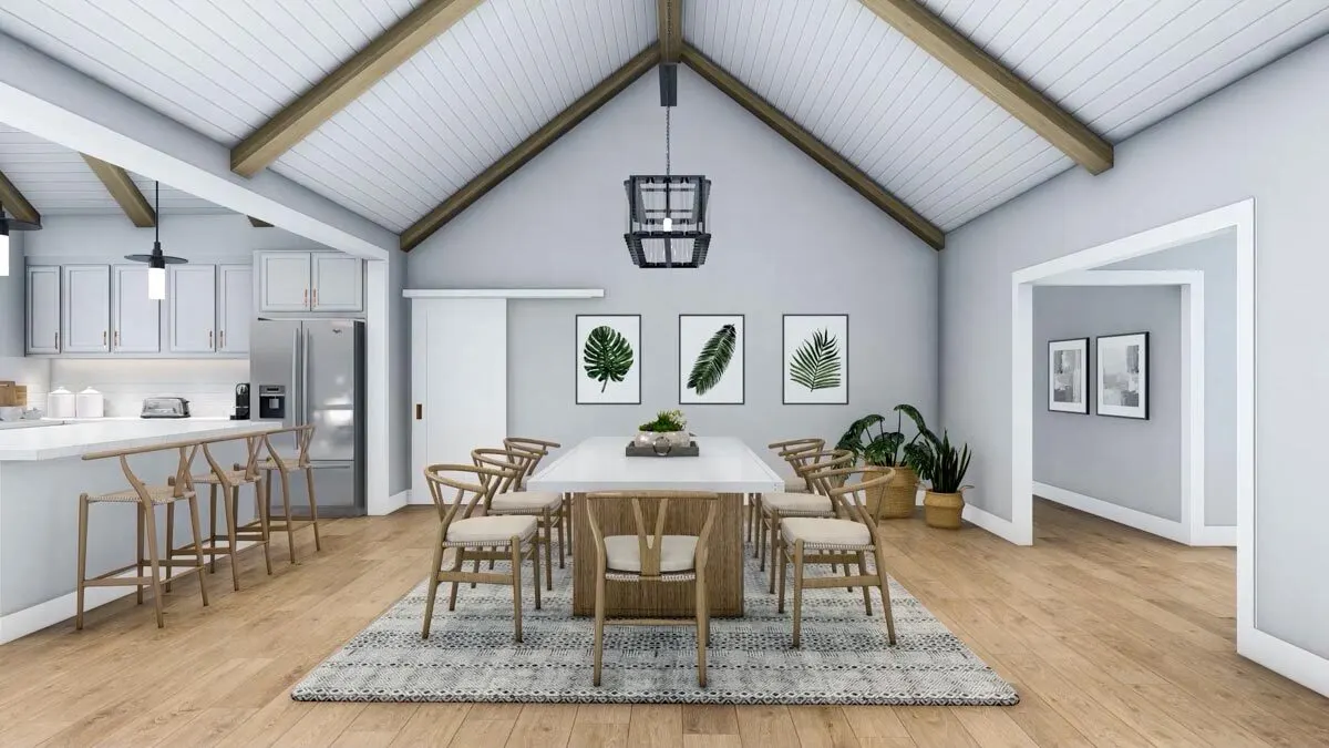 The farmhouse dining room has a lovely vaulted ceiling.