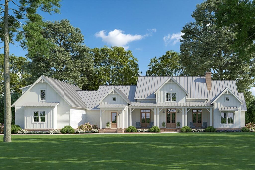 Modern Farmhouse with Office Porch and Split Bedroom (House Plan)