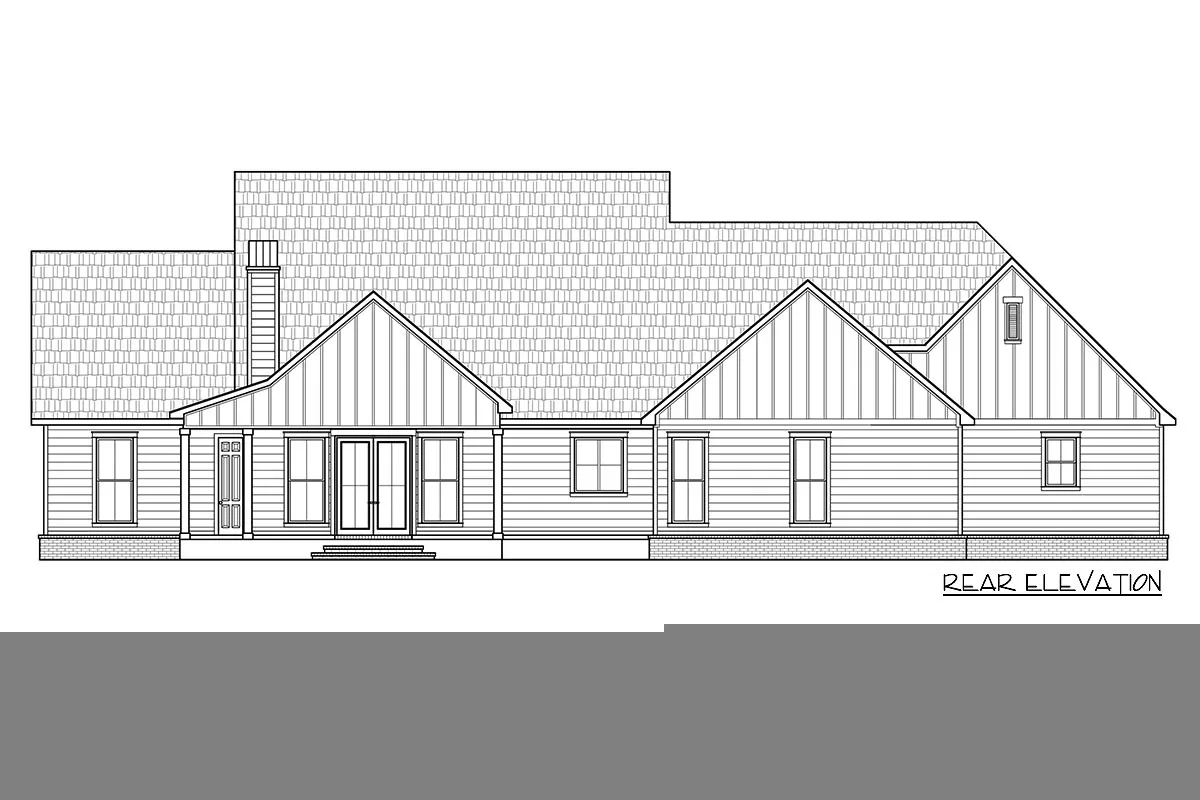 Rear elevation sketch of the single-story 5-bedroom modern farmhouse.
