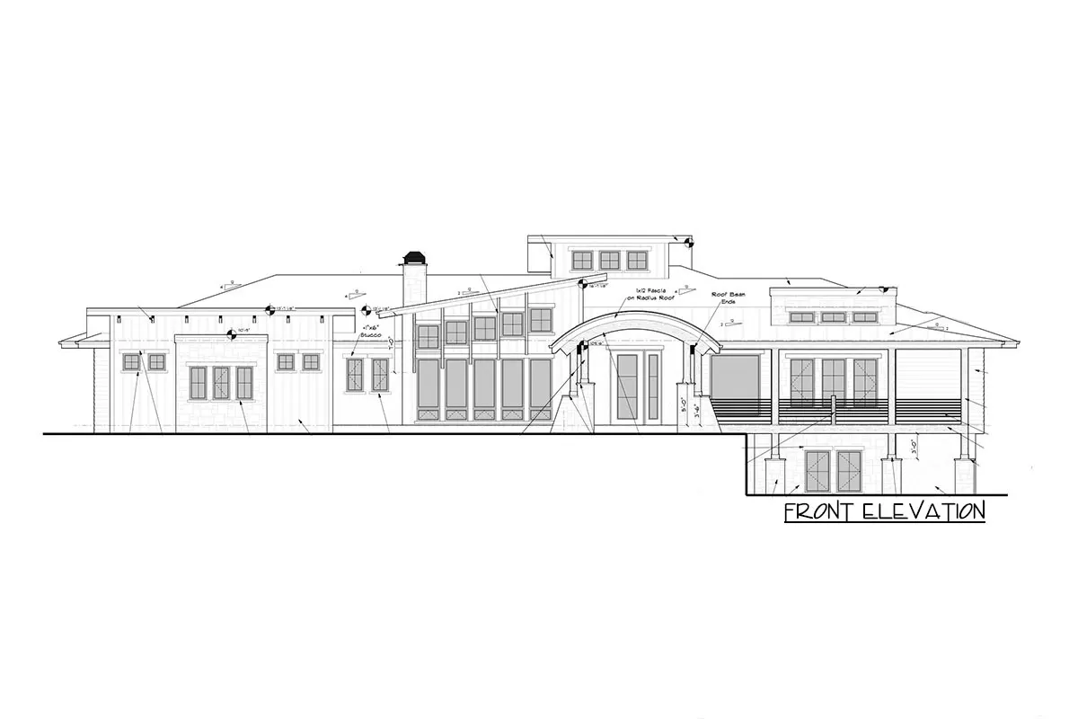 The single-story, two-bedroom contemporary alpine house's front elevation.