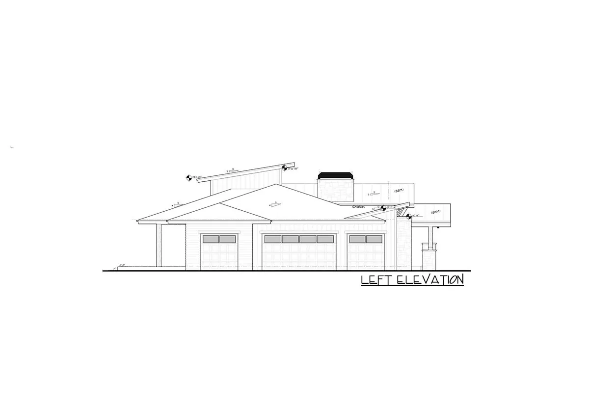 The single-story, two-bedroom contemporary alpine house's left elevation.