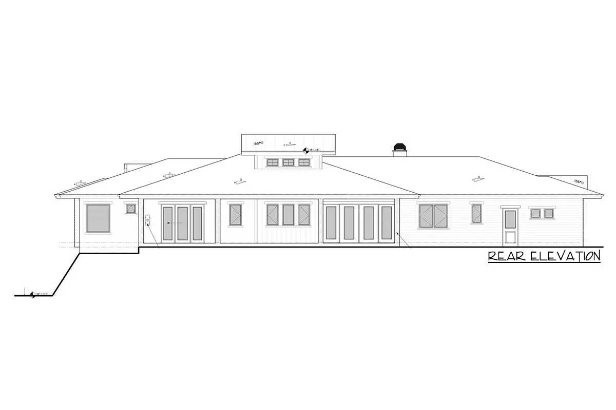 The single-story, two-bedroom contemporary alpine house's rear elevation.