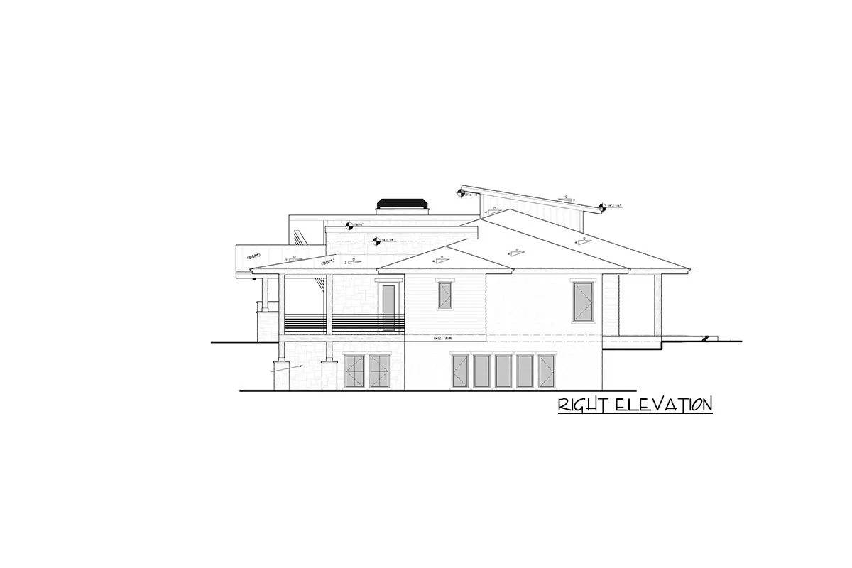 The single-story, two-bedroom contemporary alpine house's right elevation.