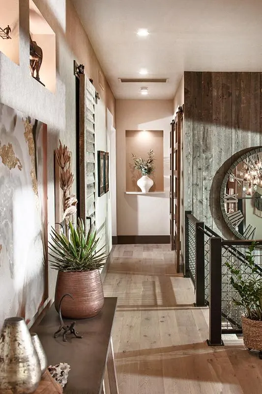 A modern style hallway with a stunning brown color scheme.
