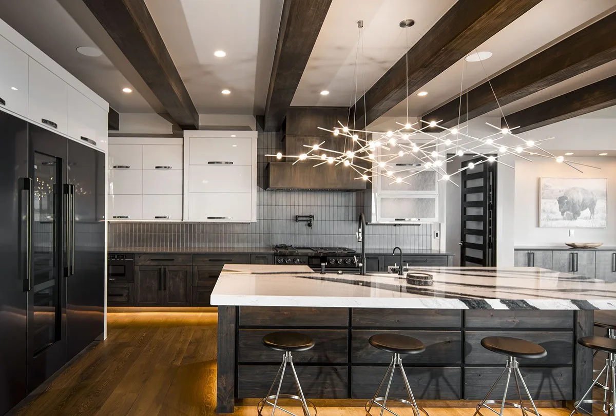 An elegant kitchen in white and black combination exterior.