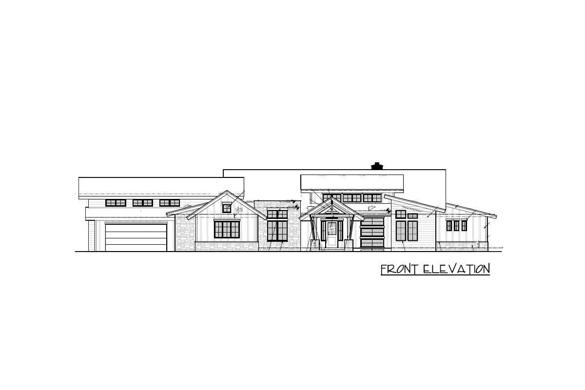Front elevation sketch of the single-story 2-bedroom modern mountain house.