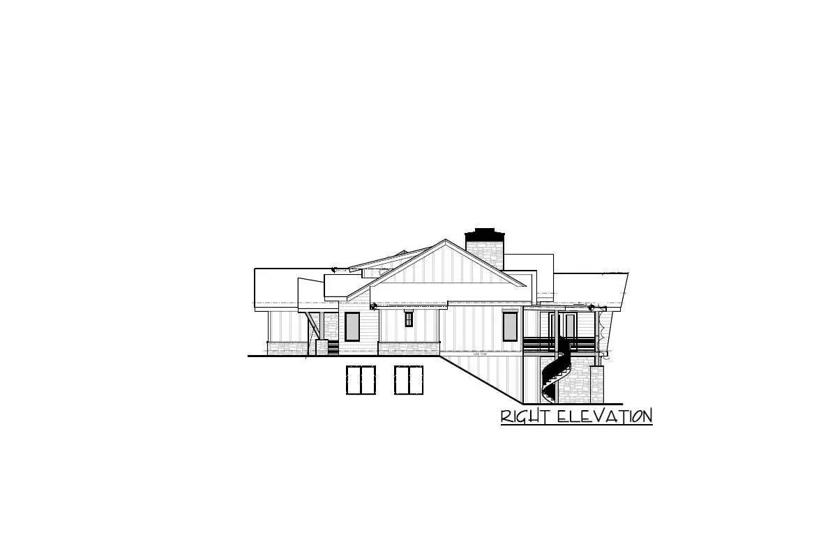 Right elevation sketch of the single-story 2-bedroom modern mountain house.