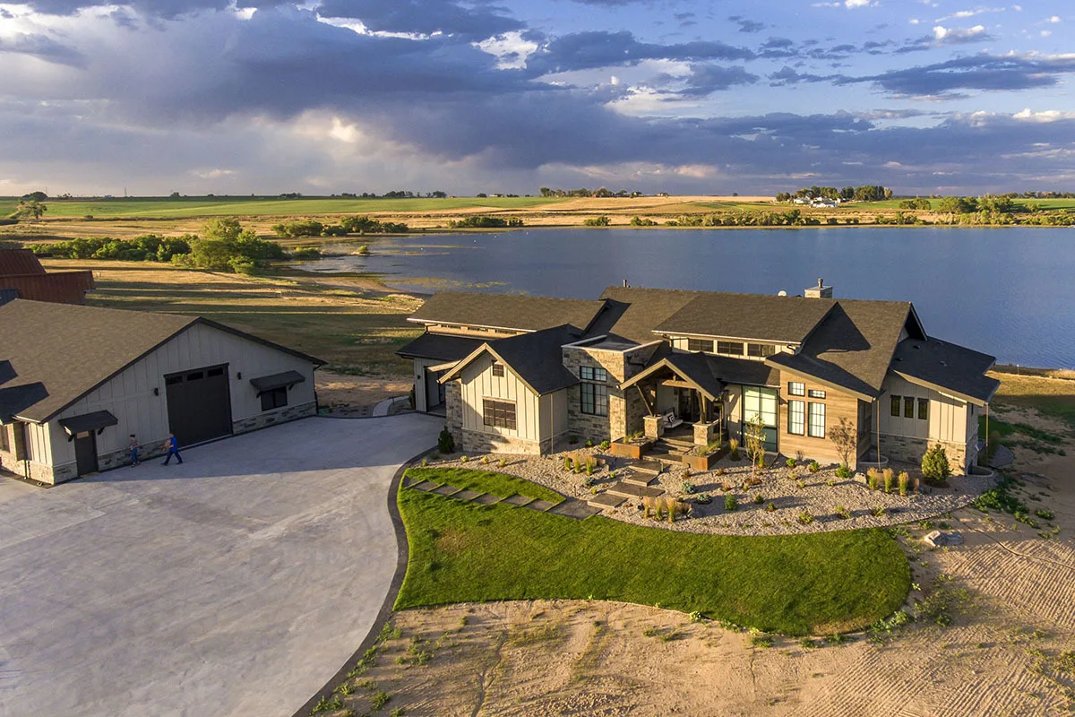 Aerial view of the house near the lake.