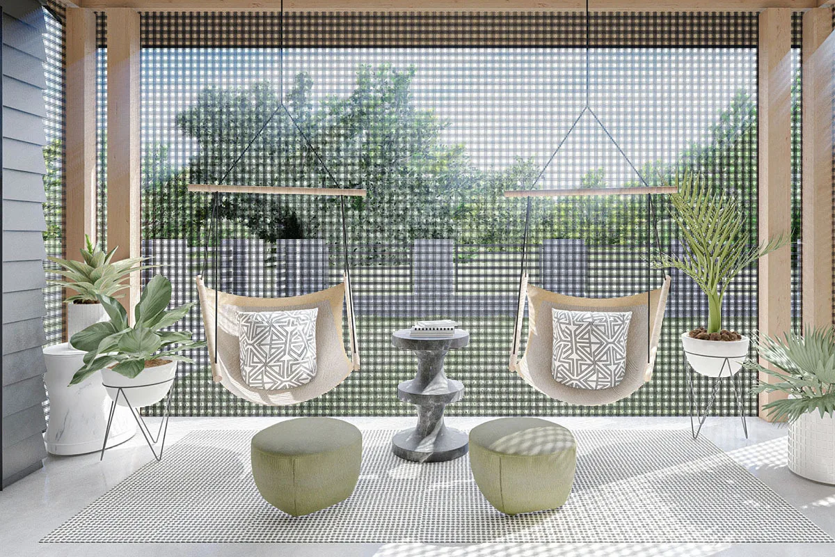 Stylish screened porch area with swings and potted plants.