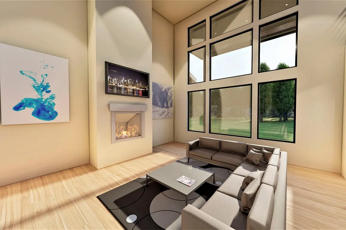 Cozy fireplace location in a large wall with a painting next to large windows.