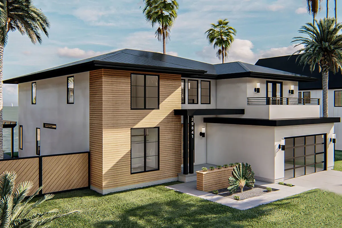 The façade of this modern prairie home is black and white with a stylish wood style.