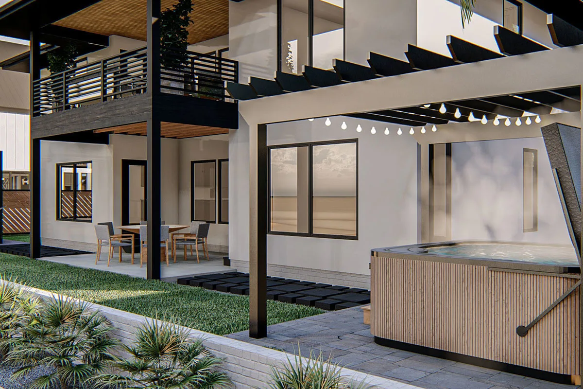 A covered terrace in the backyard offers a relaxing atmosphere.