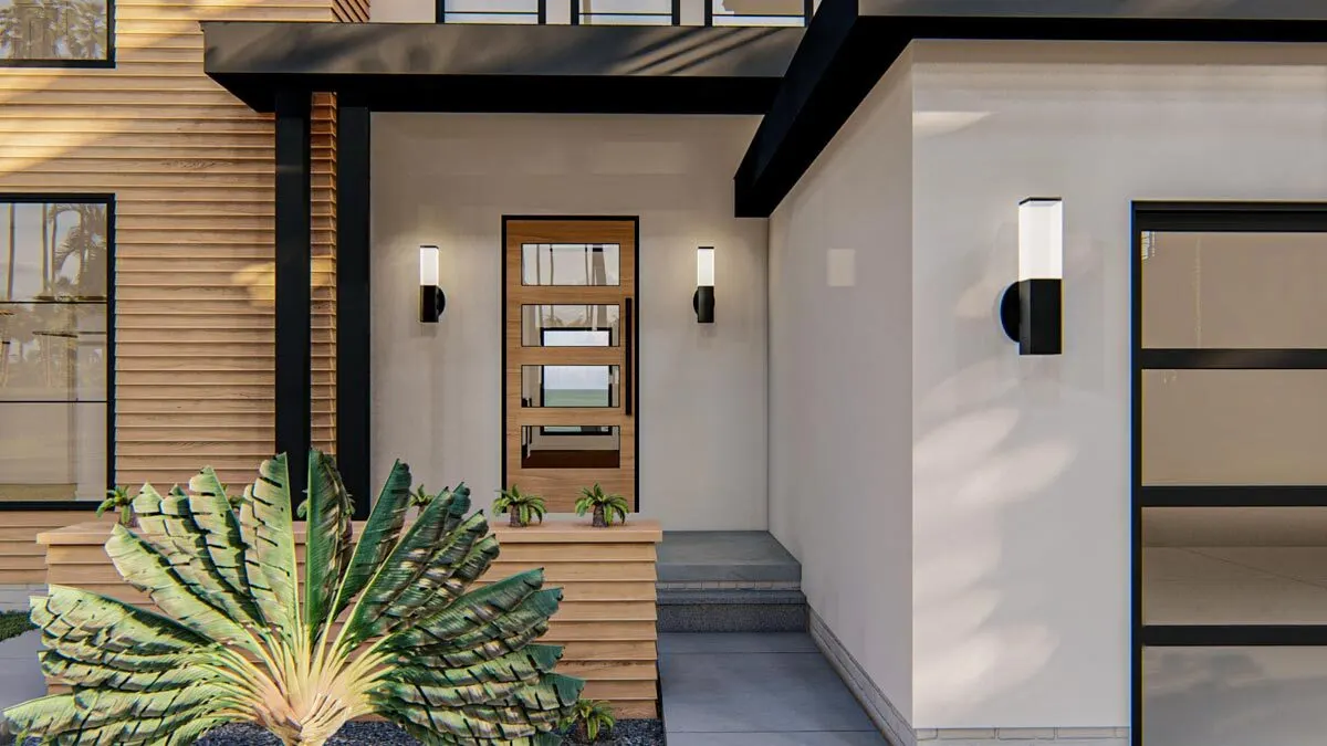 The home's main entrance door is in a light wooden accent design.
